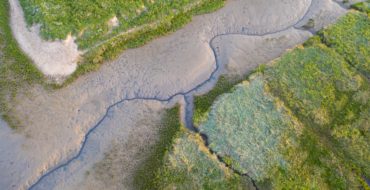 Een natuurgebied vanuit de lucht gefotografeerd met in het midden een duin en daarnaast gras.
