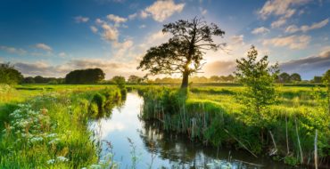 Beekje met zonnen\schijn in een groen landschap, met blauwe lucht en een paar wolken,