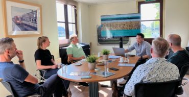 Een groep van 6 mensen aan tafel, waarbij een een presentatie geeft via een groot scherm