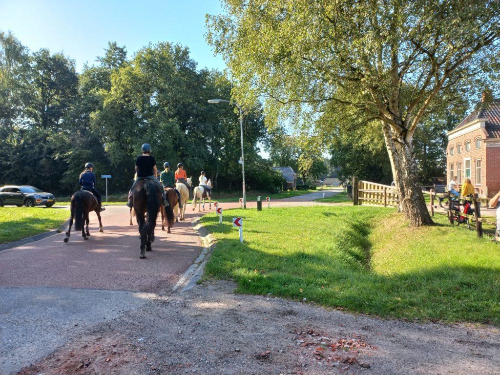 Een aantal paarden lopen op de nieuwe ruiterroute, met ruiters op de paarden.