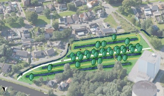 Grafisch vormgegeven weergave van het gebied, met een groene strook met wandelpad en bomen. 