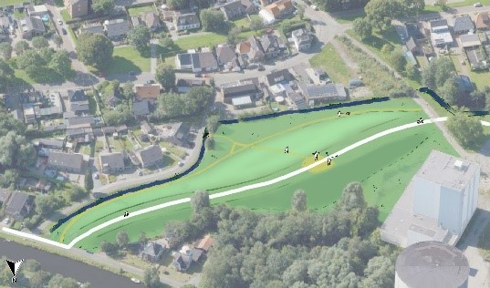 Grafisch vormgegeven weergave van het gebied, met een groene strook met wandelpad.