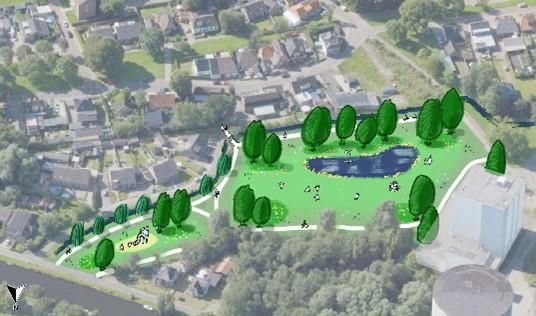 Grafisch vormgegeven weergave van het gebied, met een groene strook met bomen en een watertje.